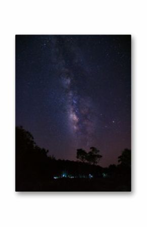 Milky way galaxy and silhouette of tree at Phu Hin Rong Kla National Park,Phitsanulok Thailand, Long exposure photograph, with grain