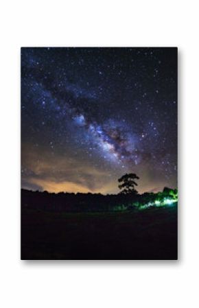 Milky Way and silhouette of tree at Phu Hin Rong Kla National Park,Phitsanulok Thailand, Long exposure photograph.with grain