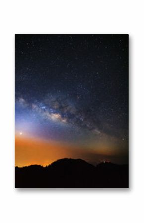 Starry night sky with high moutain and milky way galaxy with stars and space dust in the universe