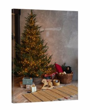 Christmas tree and presents in cozy room