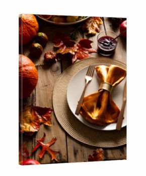 Overhead view of thanksgiving plate and roast turkey with potatoes and autumn decoration on wood