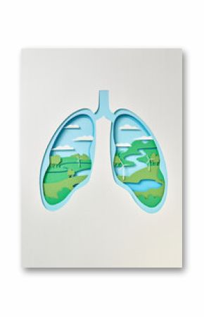 Layered paper lungs with green landscape.