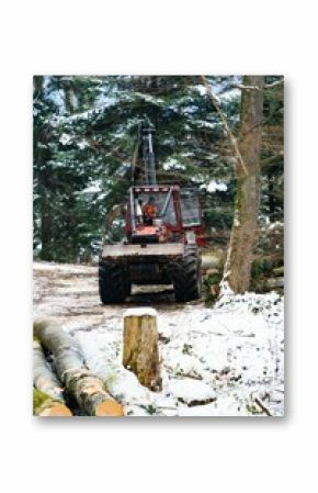 Heavy machinery cutting trees in a winter forest