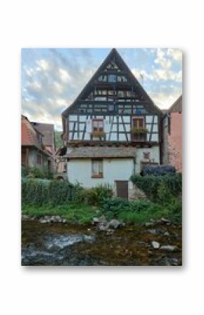 Scenic vertical view of traditional houses and evergreen bushes in Alsace, France