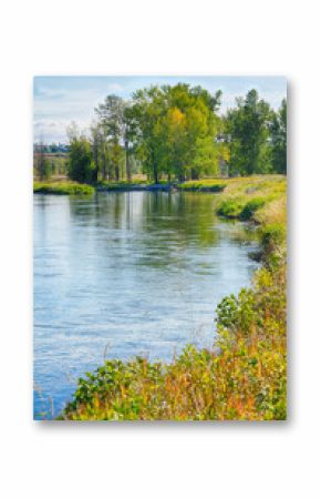 Portrait view landscape of the Bow River in Fish Creek Park, Calgary, Alberta
