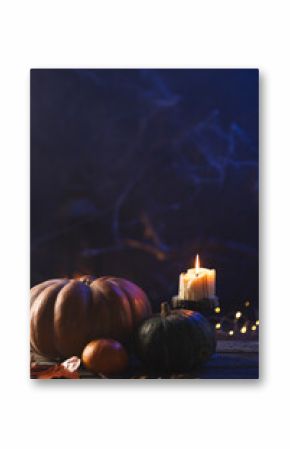 Vertical image of pumpkins and candle with copy space on dark background