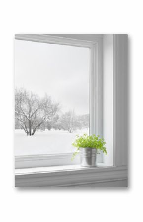 Green plant and winter landscape seen through the window
