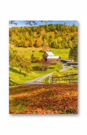 Wooden barn in fall foliage landscape in Vermont countryside