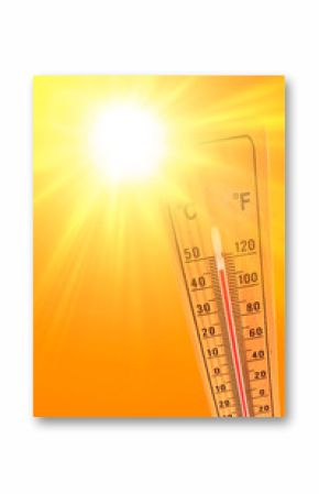 ilustracja koloru pomarańczowego i żółtego przedstawiającego słońce i termometr otoczenia