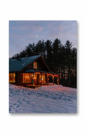 Cozy Lights on Log Cabin in Vermont with Winter Christmas Lights