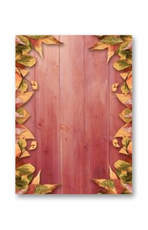 Rustic wooden planks are showing reddish tone, bordered by overlapping autumn leaves in flat design