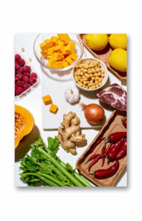 Flat lay with various ingredients for cooking a healthy meal