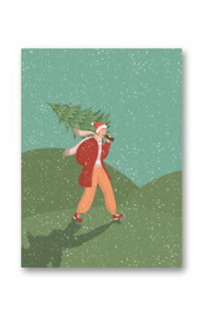 Happy Man Carrying Christmas tree  to celebrate Xmas and New Year