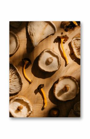 Assorted mushrooms on wooden table