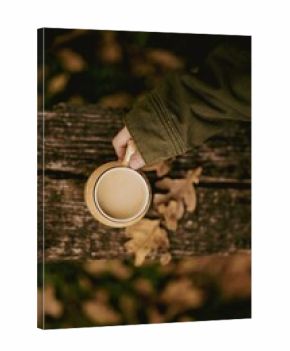 Top view of a hand holding a cup of coffee with milk on a wooden bench in autumn
