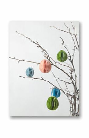 Handmade paper Easter eggs hung on branches.