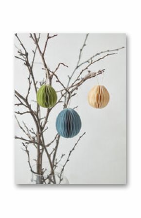 Ornate papercraft Easter eggs hung on branches.