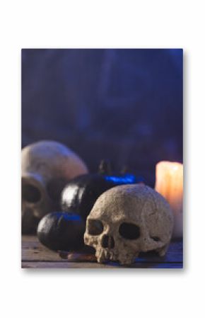 Vertical image of pumpkins, skulls and candle with copy space on black background