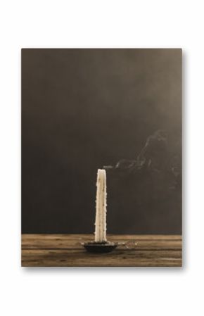 Vertical image of extinguished candle with copy space on grey background