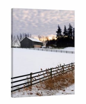 Farm with a barn and horses in winter at sunset