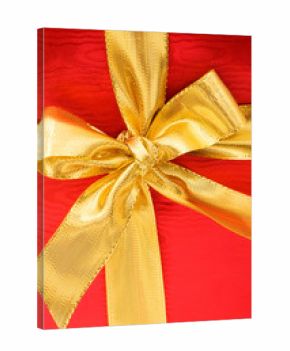Close up of red gift box with gold bow