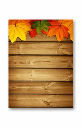 wooden background with autumn maple leaves