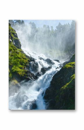 Summer Latefossen waterfall on mountain slope (Norway).