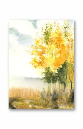 a landscape painted in watercolor on which painted golden autumn