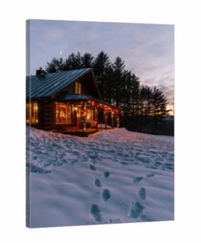 Log Cabin in Vermont with Winter Christmas Lights