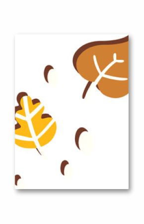 Autumn leaves and acorns are floating on transparent background in flat design, copy space