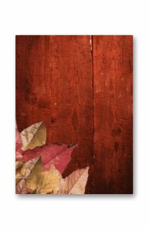 Cluster of fallen autumn leaves is lying on flat design wooden backdrop, seasonal fall, copy space