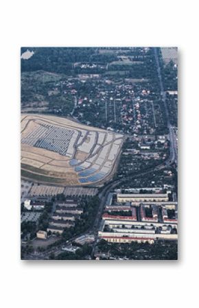 View of the German city Magdeburg from a hot air balloon. The eastern part with a solar power plant can be seen