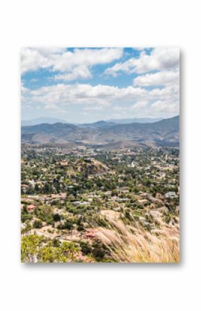 View of mountains and city from Mt. Helix Park in La Mesa, a city in San Diego, California. 