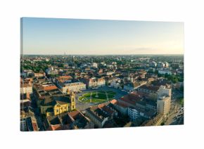 European city skyline seen by a professional drone