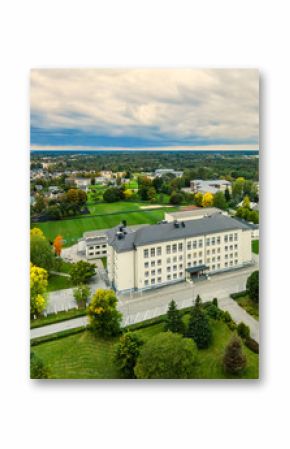 Aerial view of city and school in Estonia