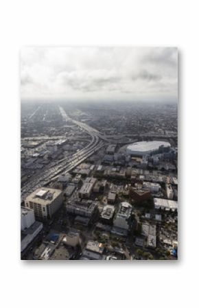 Aerial view of Los Angeles 10 and 110 freeways with afternoon clouds in Southern California.  