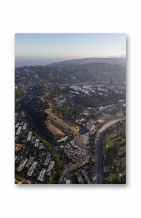 Aerial view towards Barham Blvd, the Los Angeles River and Toluca Lake on the edge of the San Fernando Valley in Los Angeles, California.  