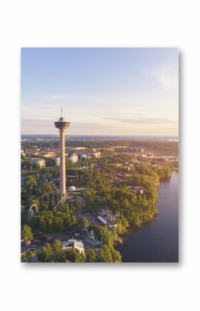 Aerial view of the Tampere city at sunset with colorful clouds