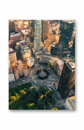 Aerial view of Columbus Circle in New York City at sunset