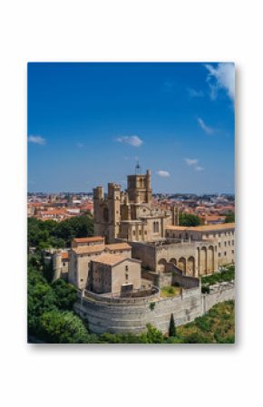 Aerial top view of Beziers town architecture and cathedral from above, South France  