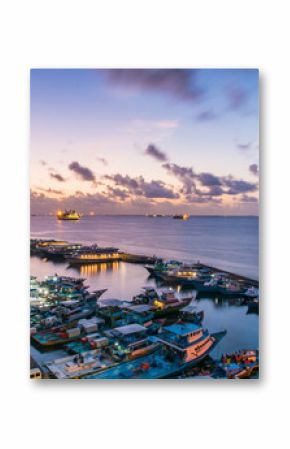 Night View Motion of the Male Island with jetty and street form Maldives