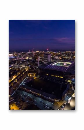 Aerial  view of Cardiff city centre and the bay area at night.
