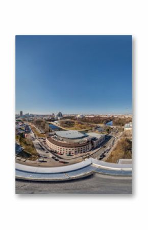 Air roof 360 panorama in center of city with beautiful architecture.  Full 360 by 180 degree seamless spherical panorama in equirectangular projection.  Skybox for VR