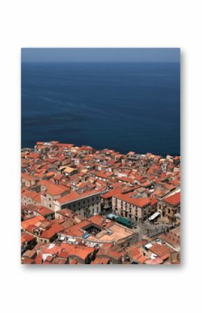 Cefalu, Sicily, Italy. A picturesque view of the city and the cathedral (UNESCO list) from the height of La Rocca rock