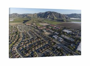 Aerial view of Camarillo homes, business and farms in Ventura County, California.  