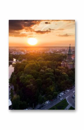 Beautiful red sunset in aerial view from Timisoara taken by a professional drone - Timișoara Orthodox Cathedral, Bega and Central Park