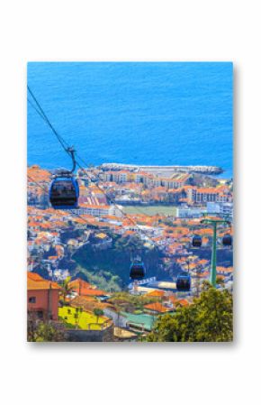 Traditional cable car transporting tourists above Funchal city of Madeira island, Portugal