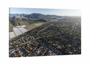 Aerial view of Camarillo homes, hills and farms in Ventura County, California.  