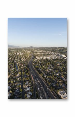 Aerial view of Ventura 101 Freeway near Van Nuys Blvd in the San Fernando Valley area of Los Angeles, California.