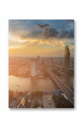 Sunset skyline over river curved Bangkok city business downtown, cityscape background, Thailand